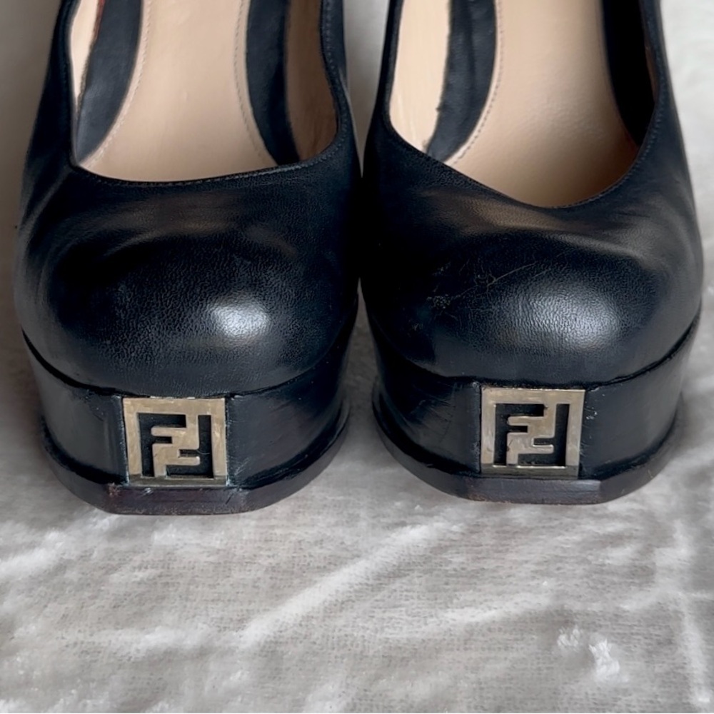 Fendi Fendista Black Leather Heels Platform Gold Logo Size 40 EU US 10 - Picture 3 of 12